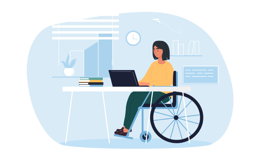 femme en fauteuil à un bureau