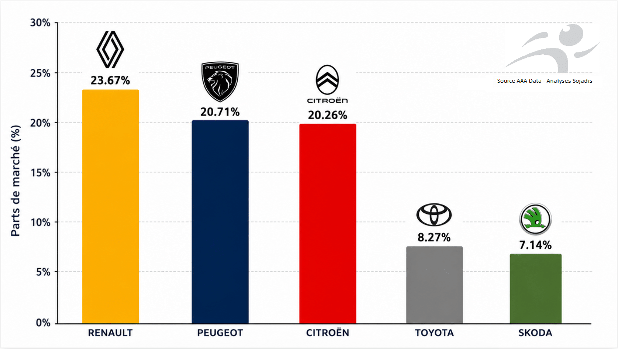 1.RENAULT (23.67%)
2.PEUGEOT (20.71%)
3.CITROËN (20.26%)
4.TOYOTA (8.27%)
5.SKODA (7.14%)